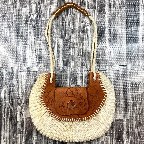 Handbags - Vintage Crochet & Leather Purse Hand Tooled Stamped Flowers Boho Vibes